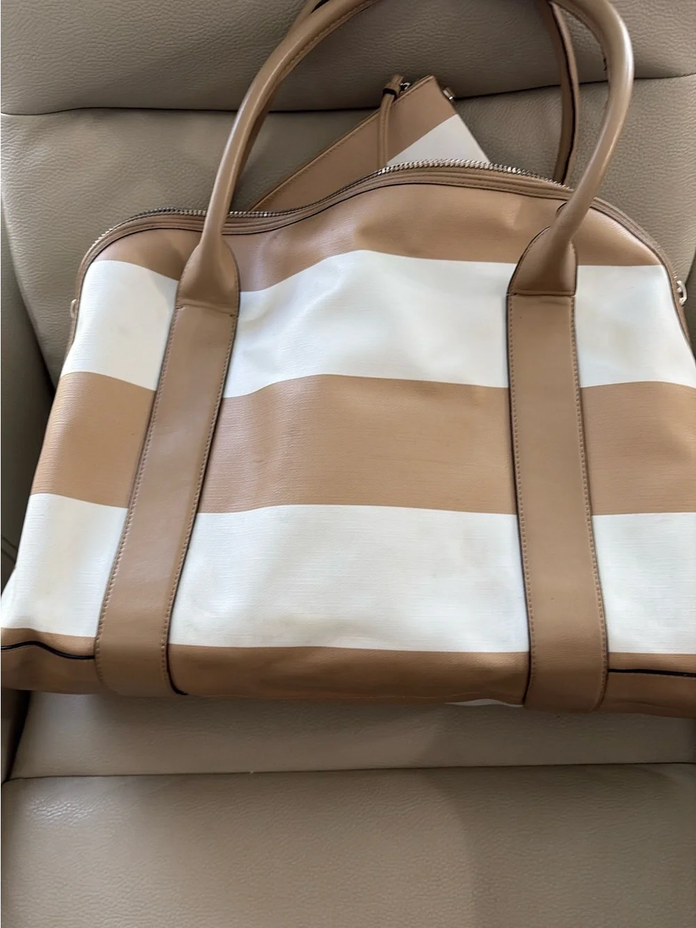Coach Tan and White Striped bag with Wristlet